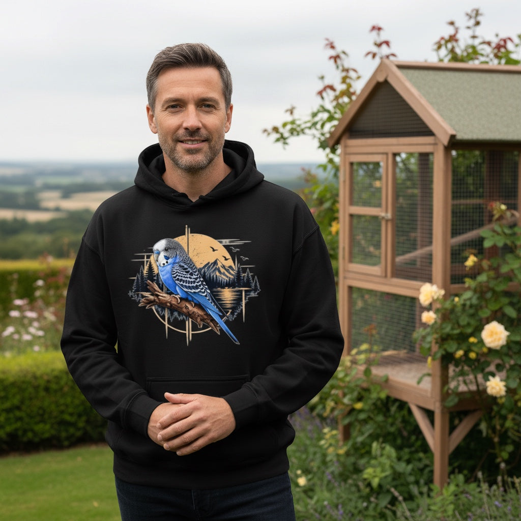 Blue Budgie Mountain Sunset Hoodie – Scenic Front Print