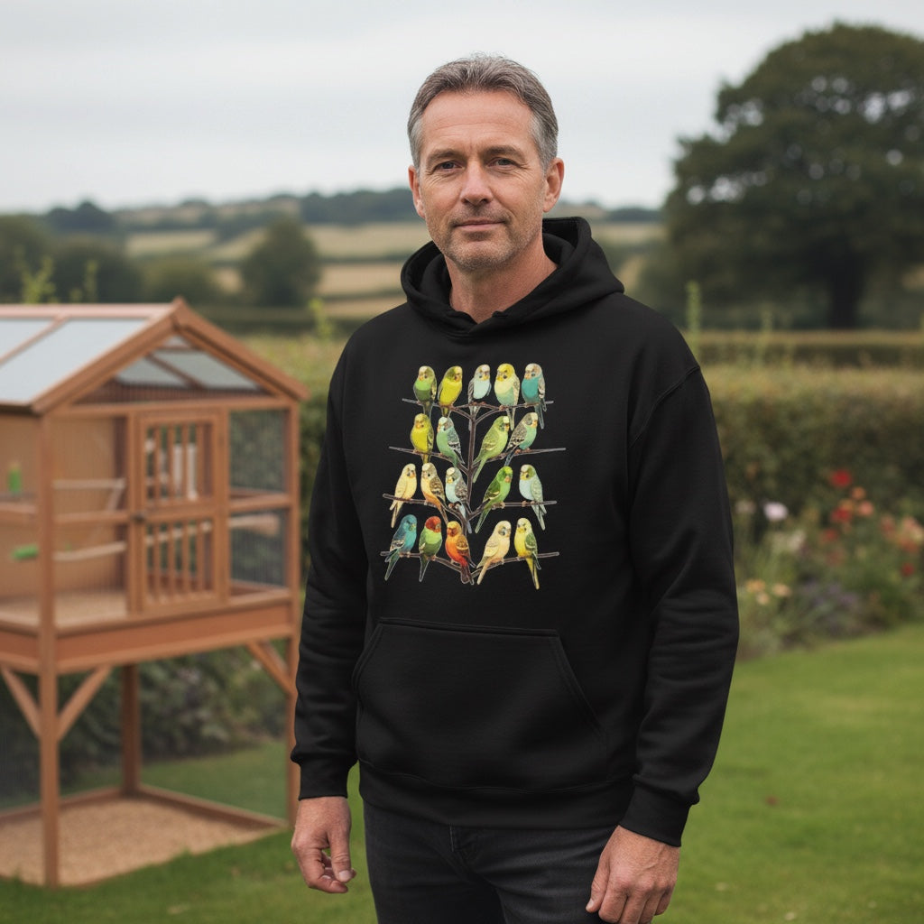 Colourful Budgie Flock Hoodie – Multi-Budgie Front Print