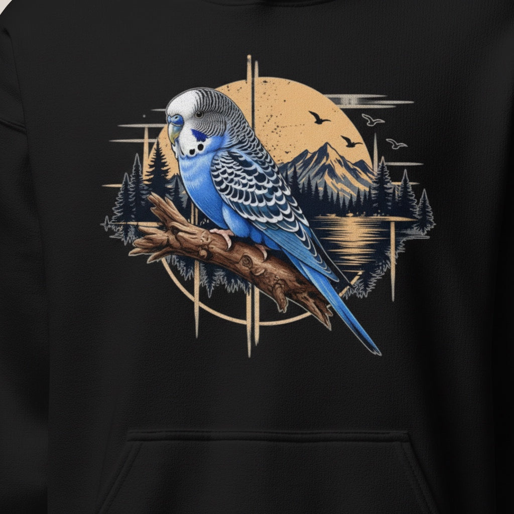 Blue Budgie Mountain Sunset Hoodie – Scenic Front Print