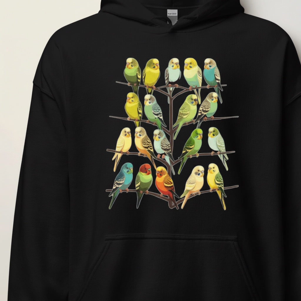 Colourful Budgie Flock Hoodie – Multi-Budgie Front Print