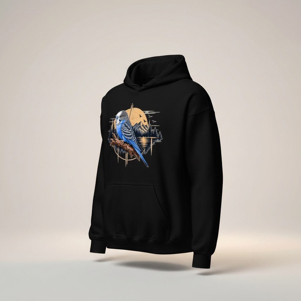 Blue Budgie Mountain Sunset Hoodie – Scenic Front Print