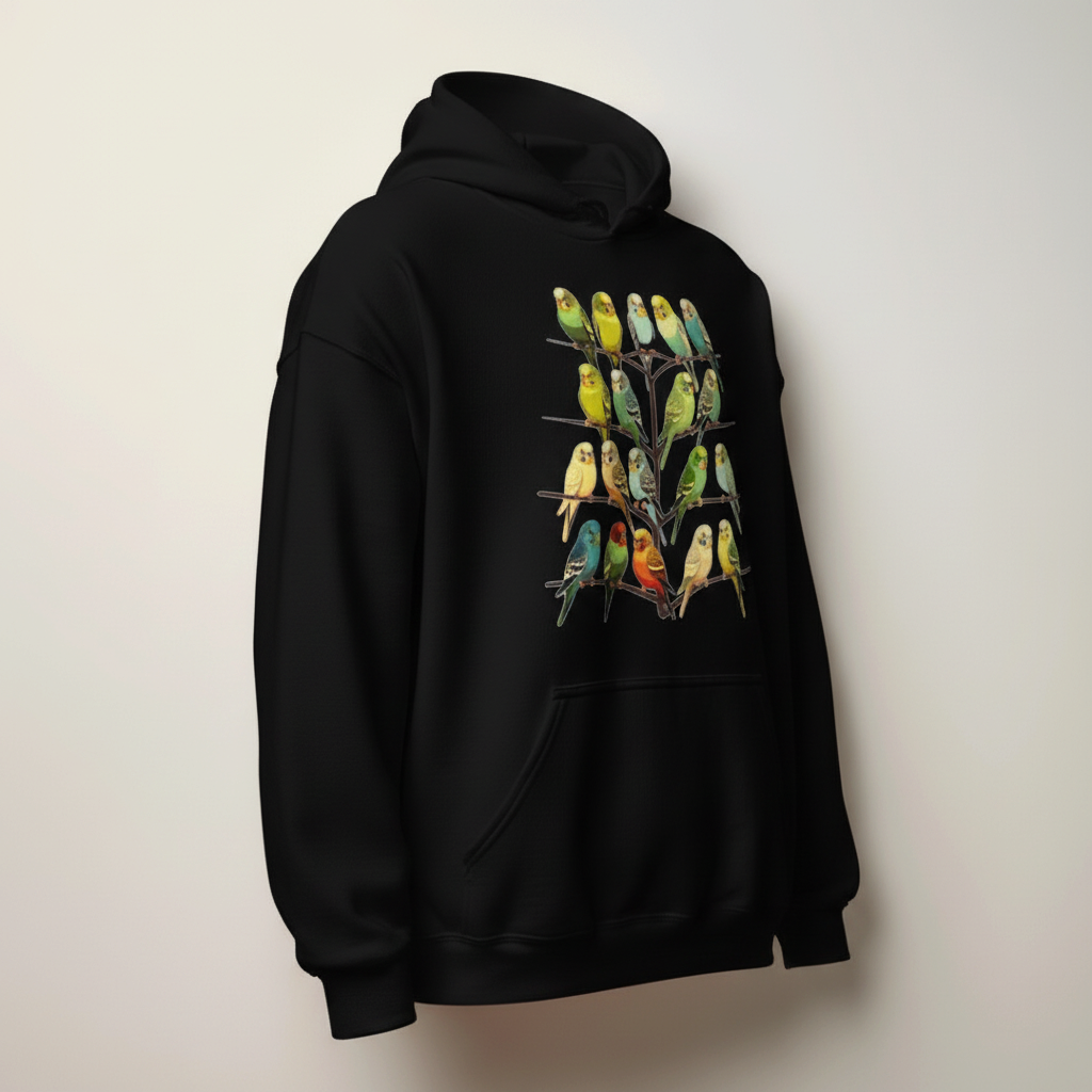 Colourful Budgie Flock Hoodie – Multi-Budgie Front Print