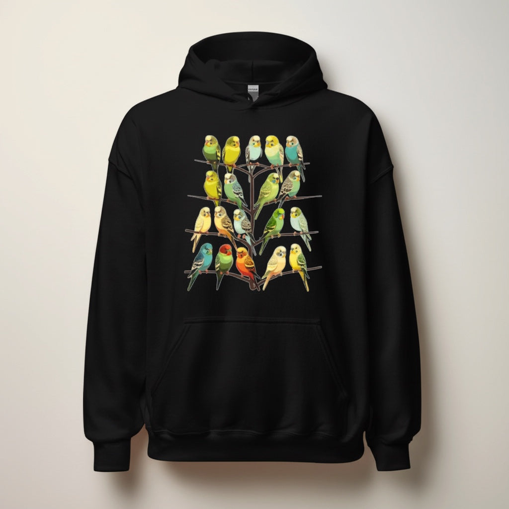 Colourful Budgie Flock Hoodie – Multi-Budgie Front Print