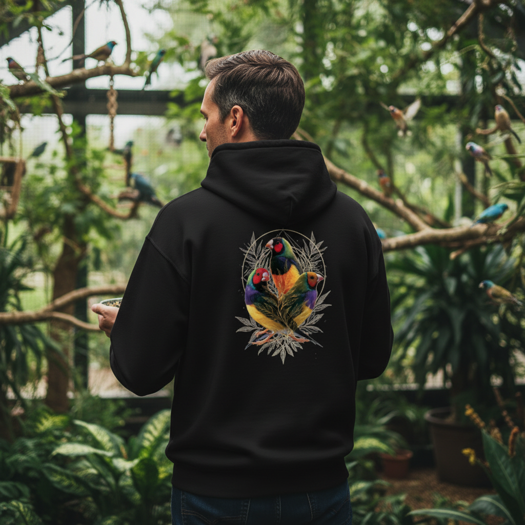 Golden Botanical Gouldian Finch Hoodie – Back Print | Bird Folk