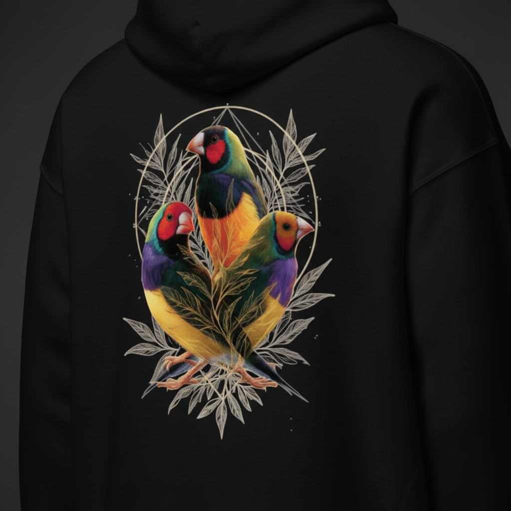Golden Botanical Gouldian Finch Hoodie – Back Print | Bird Folk