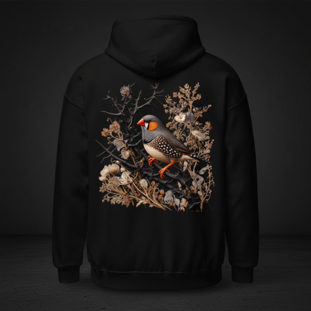 Dark Botanical Zebra Finch Hoodie – Back Print | Bird Folk
