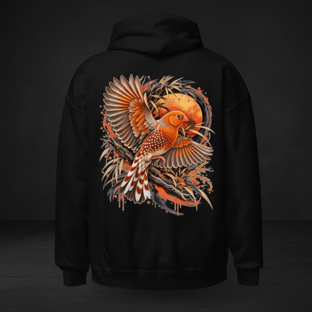 Orange Flight Zebra Finch Hoodie – Back Print | Bird Folk