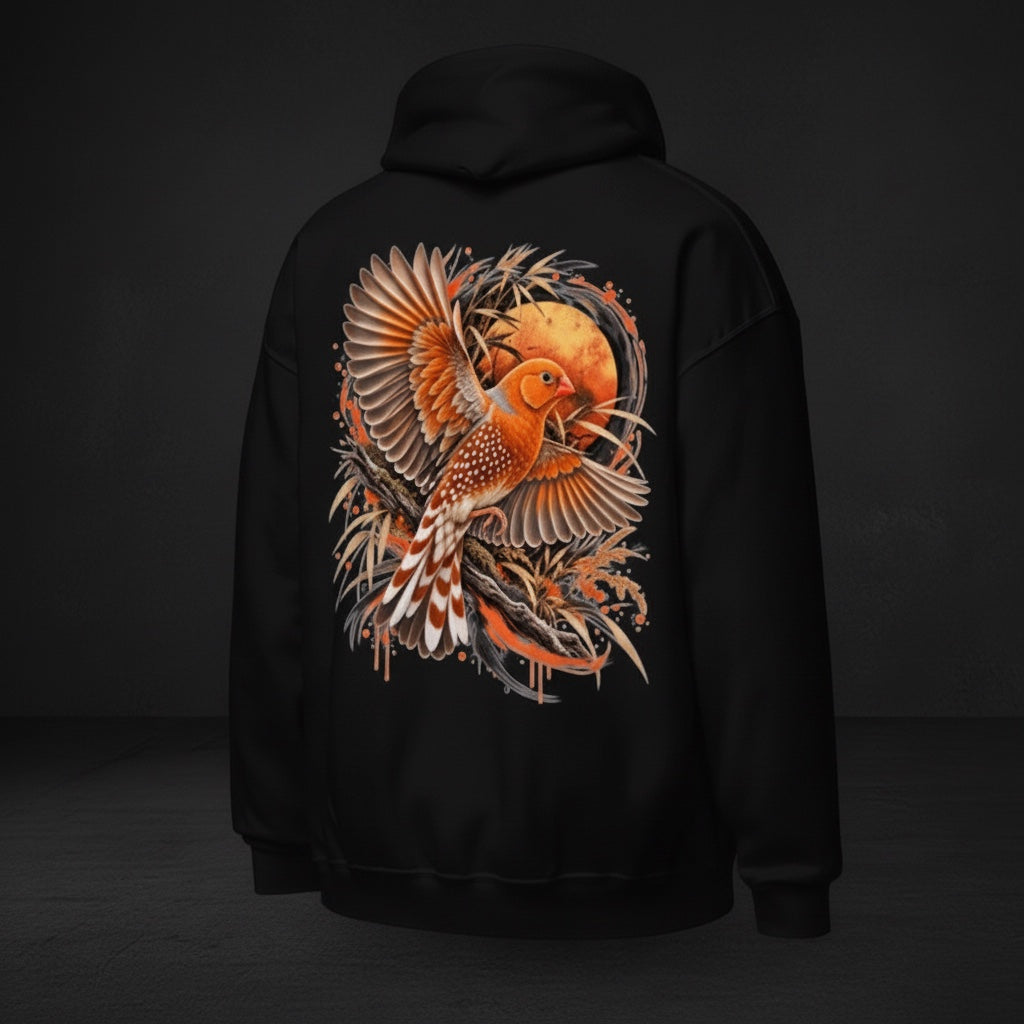 Orange Flight Zebra Finch Hoodie – Back Print | Bird Folk