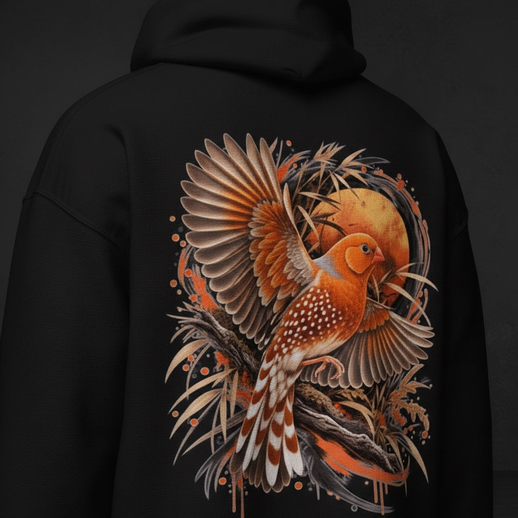 Orange Flight Zebra Finch Hoodie – Back Print | Bird Folk