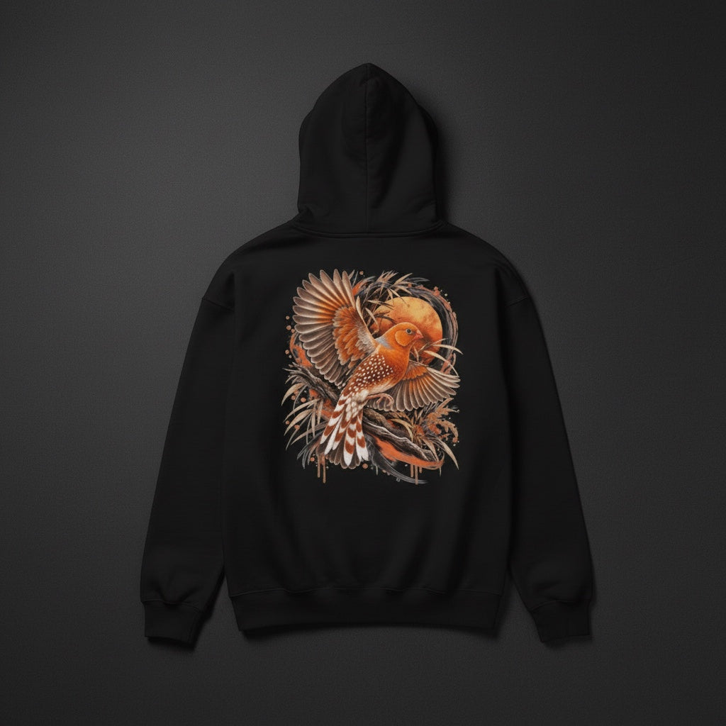Orange Flight Zebra Finch Hoodie – Back Print | Bird Folk