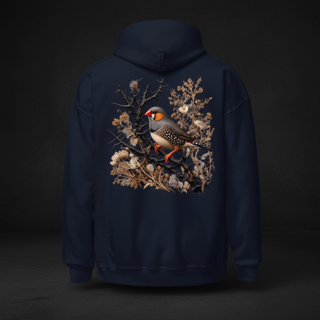 Dark Botanical Zebra Finch Hoodie – Back Print | Bird Folk