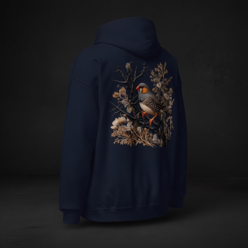 Dark Botanical Zebra Finch Hoodie – Back Print | Bird Folk