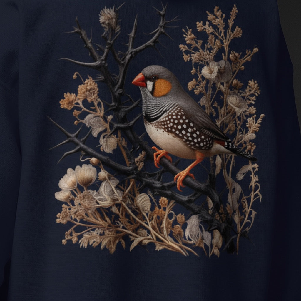 Dark Botanical Zebra Finch Hoodie – Back Print | Bird Folk