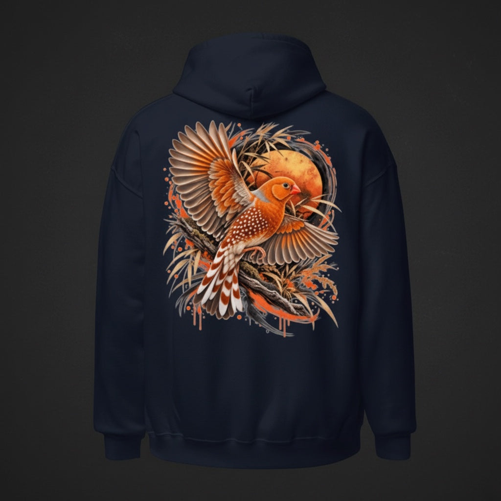 Orange Flight Zebra Finch Hoodie – Back Print | Bird Folk