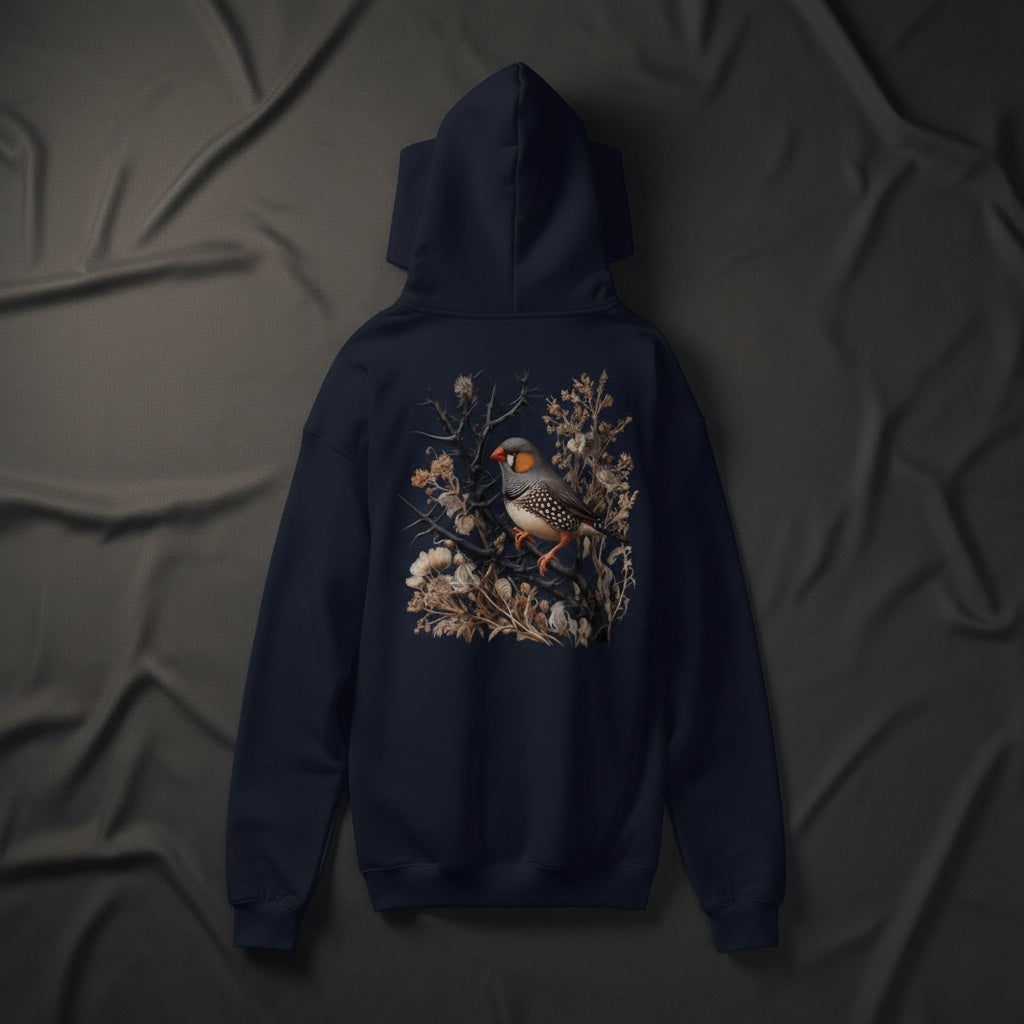 Dark Botanical Zebra Finch Hoodie – Back Print | Bird Folk