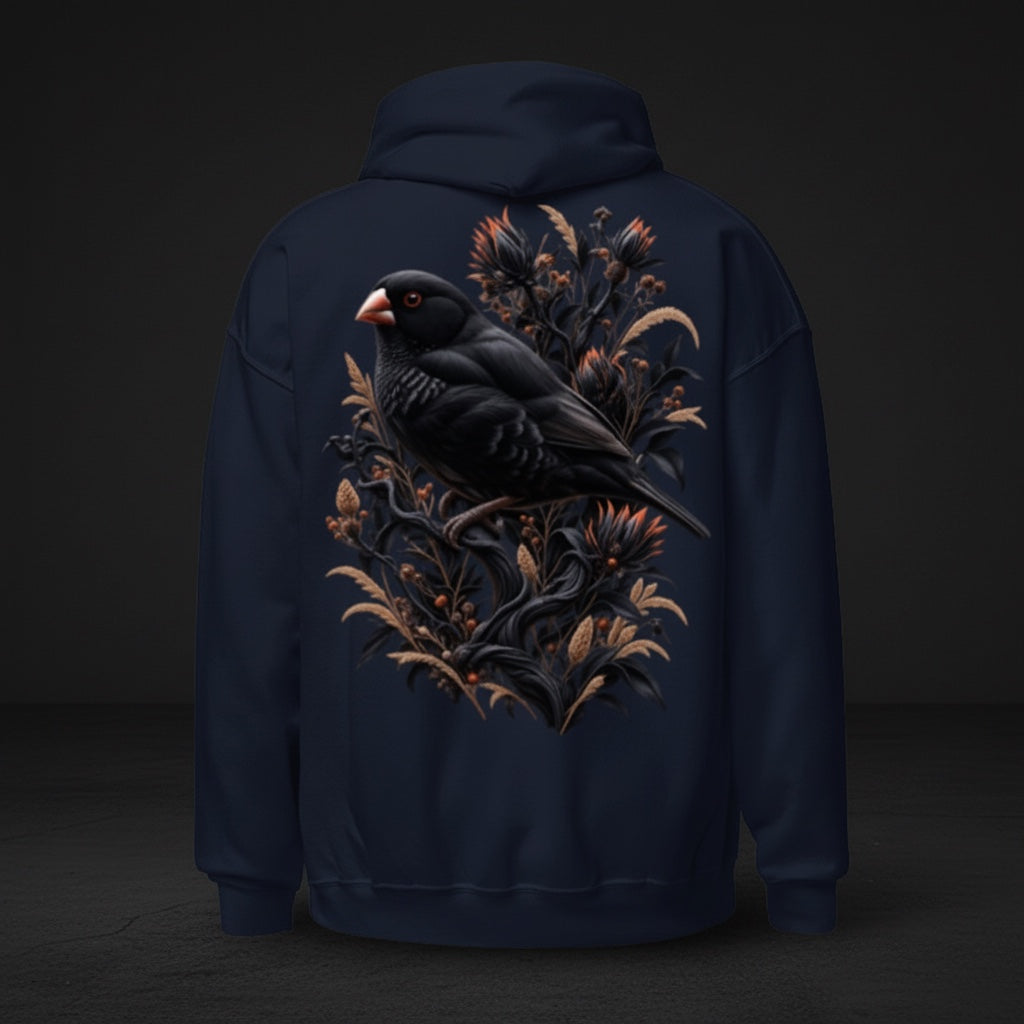 Black Zebra Botanical Hoodie – Black Zebra Finch Hoodie | Bird Folk