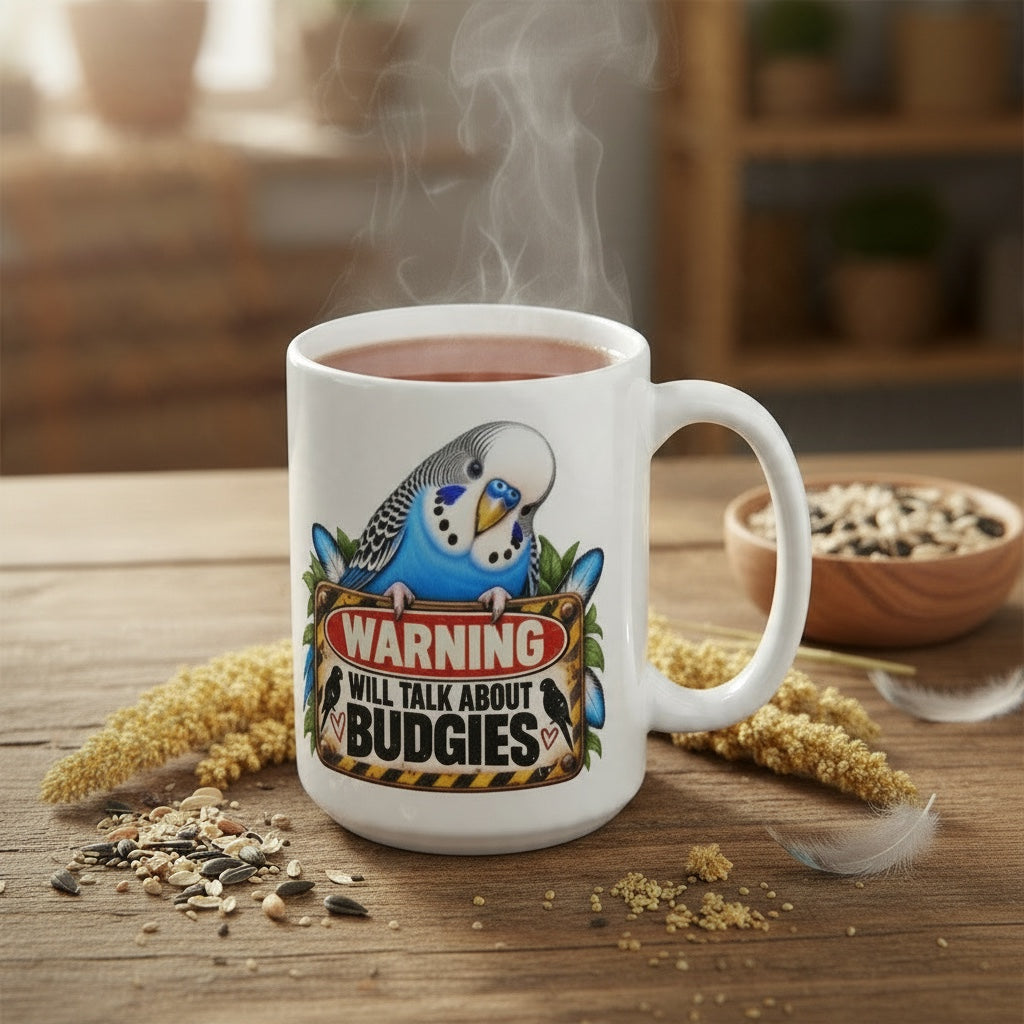 Warning – I Will Talk About Budgies – Blue Budgie Mug | 11oz & 15oz