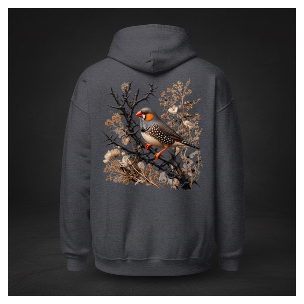 Dark Botanical Zebra Finch Hoodie – Back Print | Bird Folk