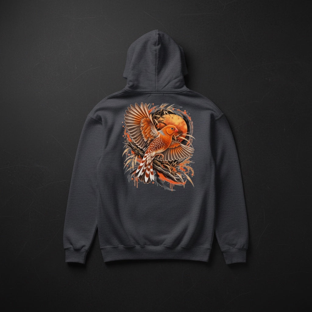 Orange Flight Zebra Finch Hoodie – Back Print | Bird Folk