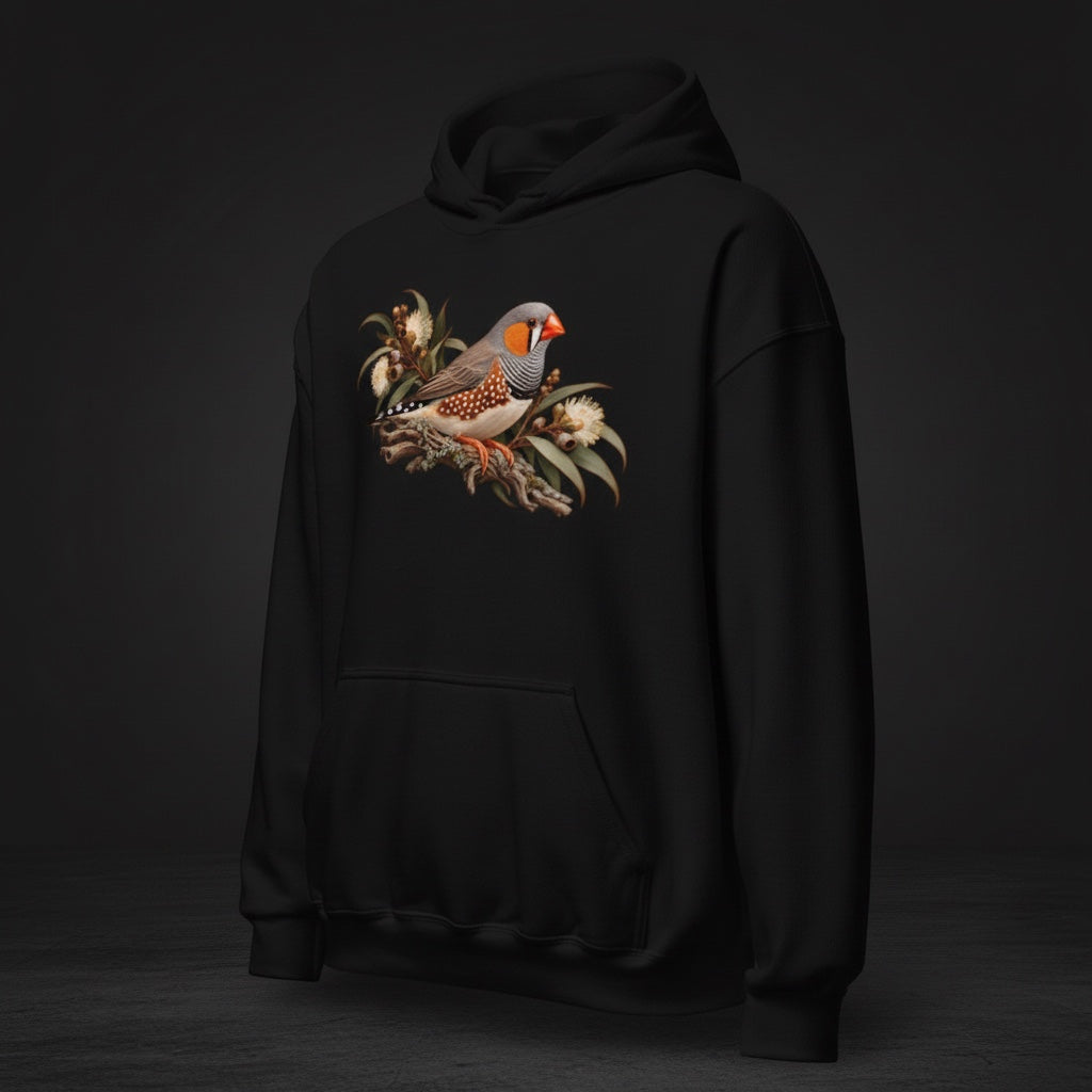 Autumn Botanical Zebra Finch Hoodie – Front Print | Bird Folk