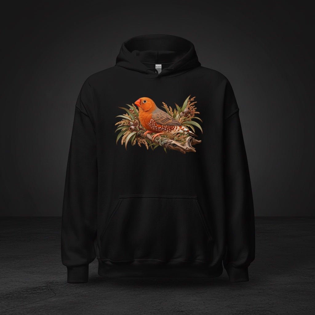 Orange Botanical Zebra Finch Hoodie – Front Print | Bird Folk