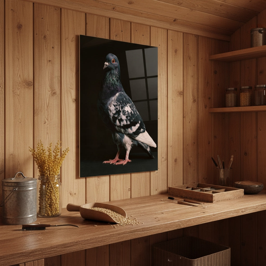 Pied Racing Pigeon — high-gloss aluminium bird art print by Bird Folk