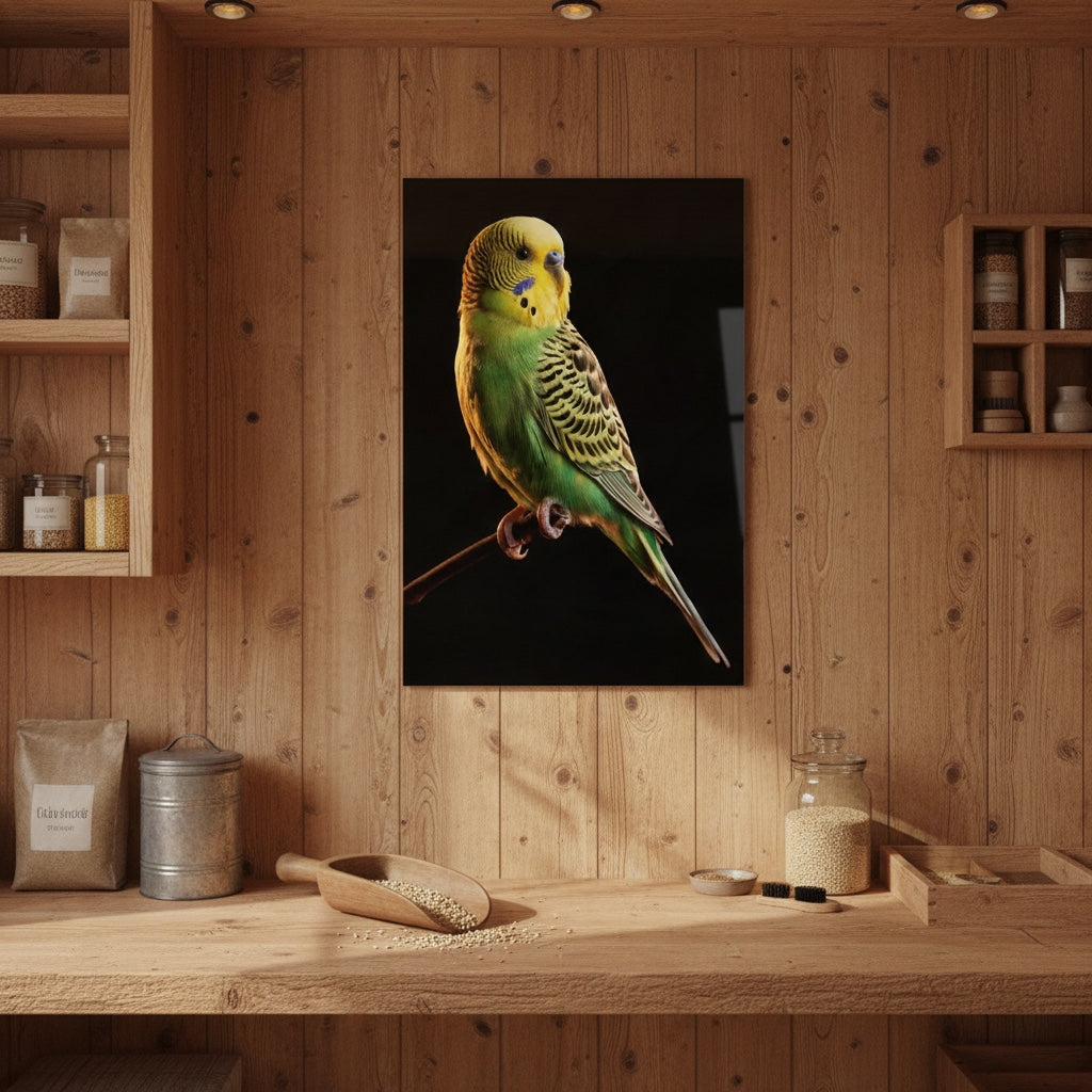 Green Budgie — high-gloss aluminium bird art print by Bird Folk