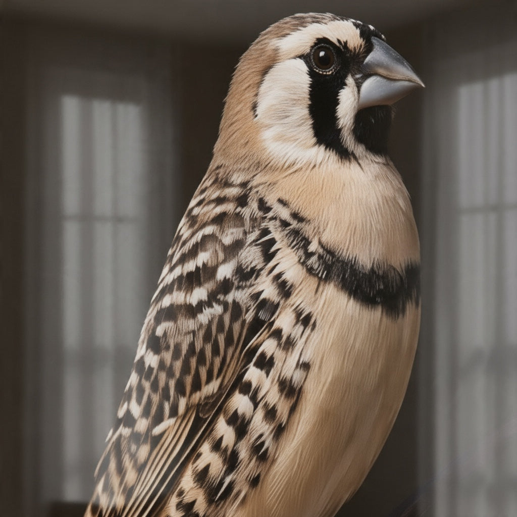 Owl Finch — high-gloss aluminium bird art print by Bird Folk