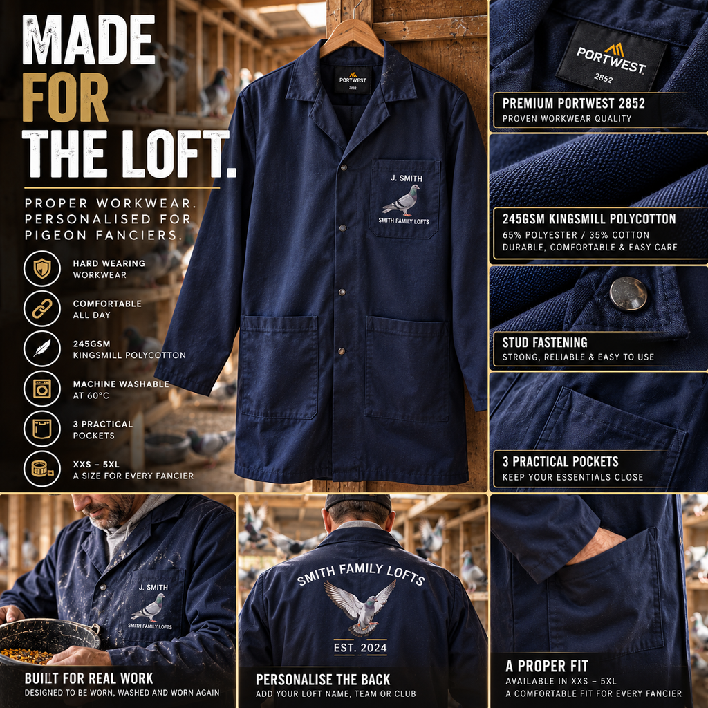 Personalised Racing Pigeon Loft Coat – Portwest 2852 | Choose Your Pigeon