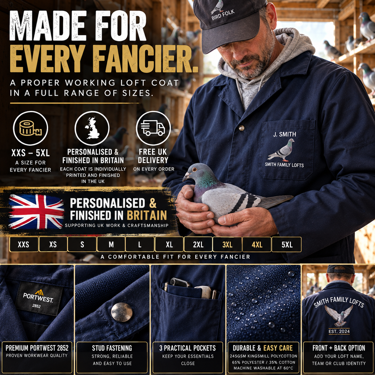 Personalised Racing Pigeon Loft Coat – Portwest 2852 | Choose Your Pigeon