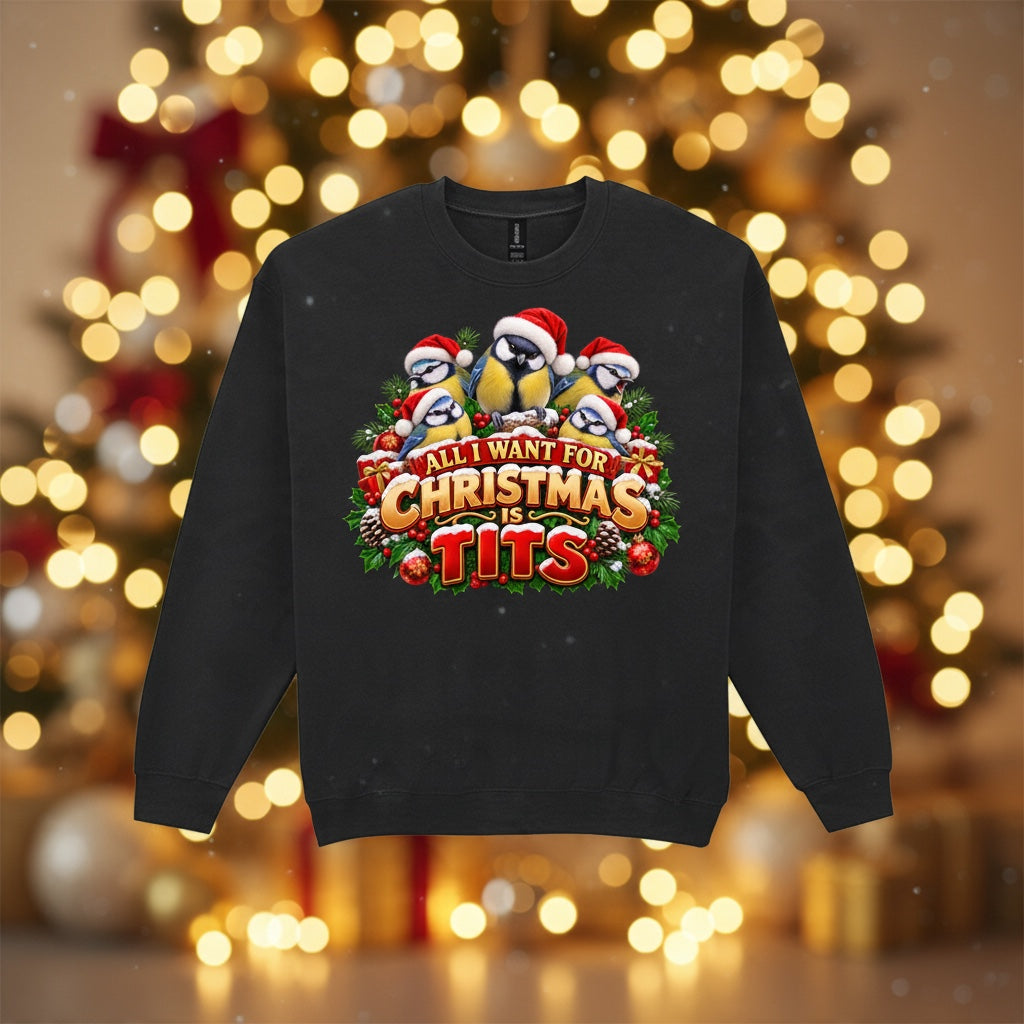 All I Want for Christmas Is Tits – Blue Tits Christmas Sweatshirt