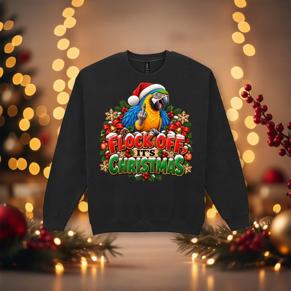 Flock Off It's Christmas – Blue and Gold Macaw Christmas Sweatshirt