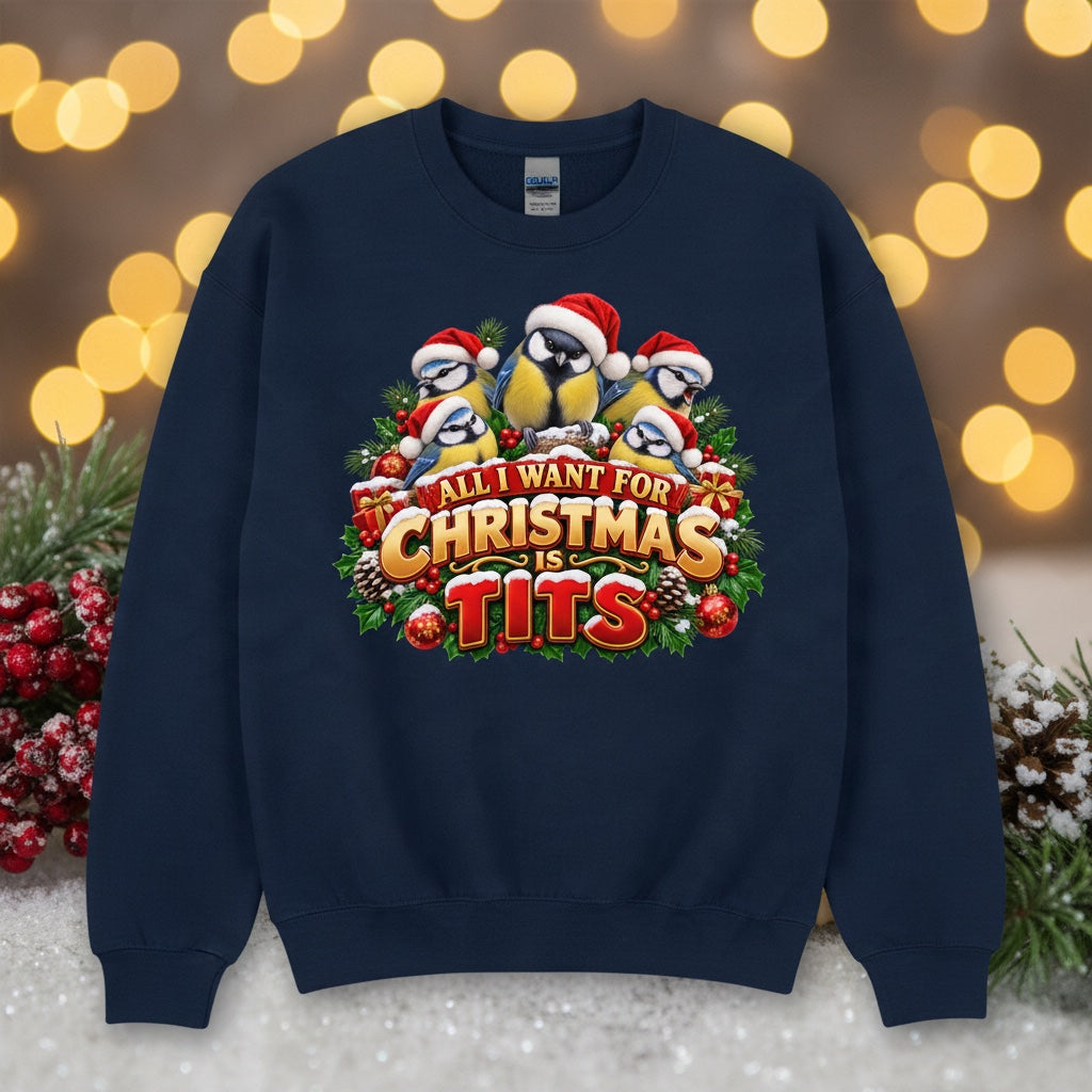 All I Want for Christmas Is Tits – Blue Tits Christmas Sweatshirt
