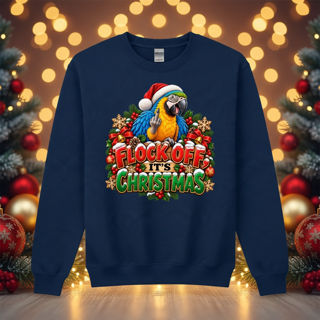 Flock Off It's Christmas – Blue and Gold Macaw Christmas Sweatshirt