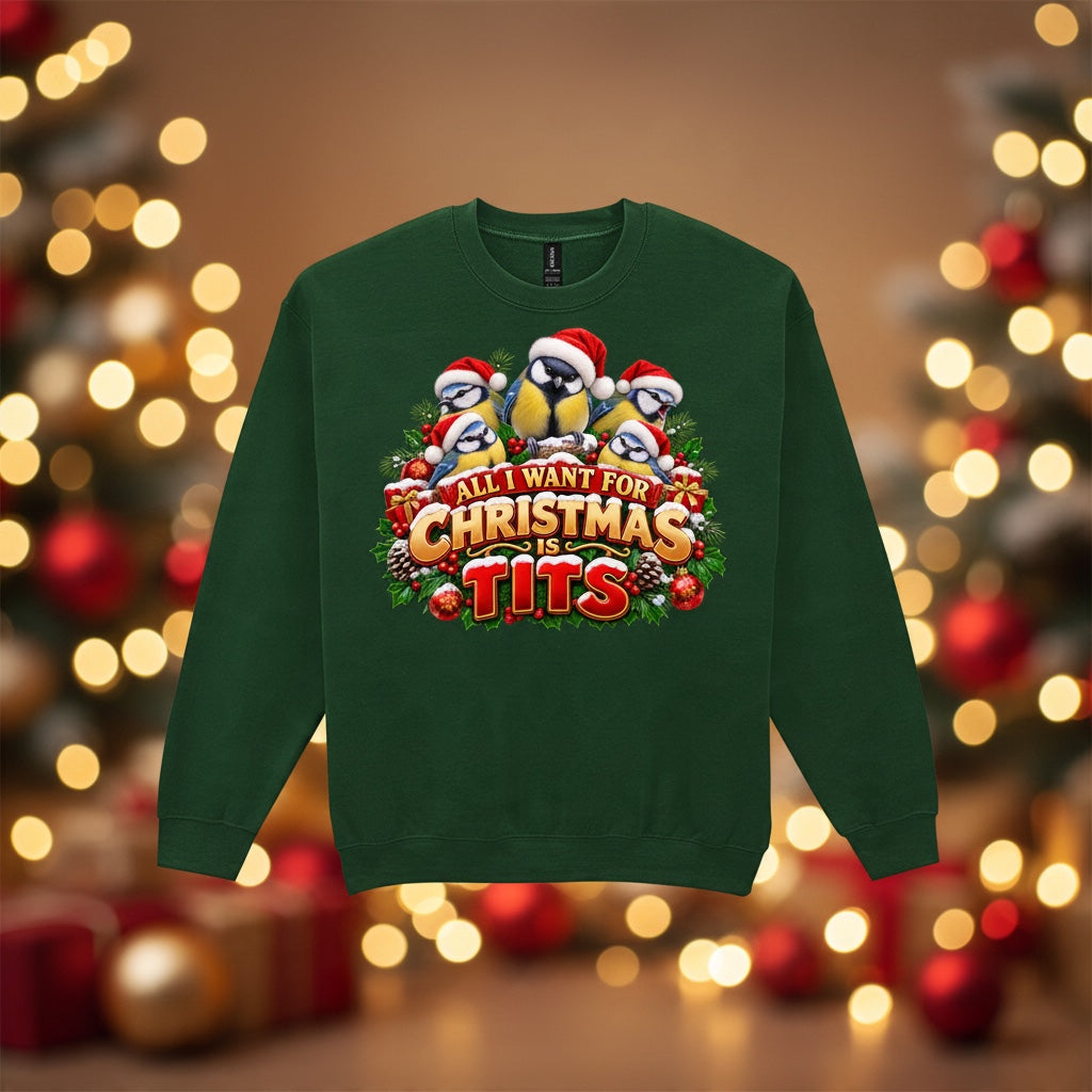 All I Want for Christmas Is Tits – Blue Tits Christmas Sweatshirt