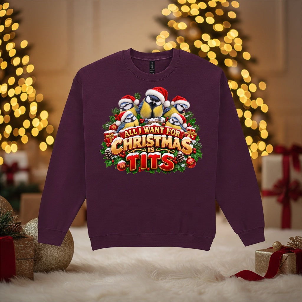 All I Want for Christmas Is Tits – Blue Tits Christmas Sweatshirt