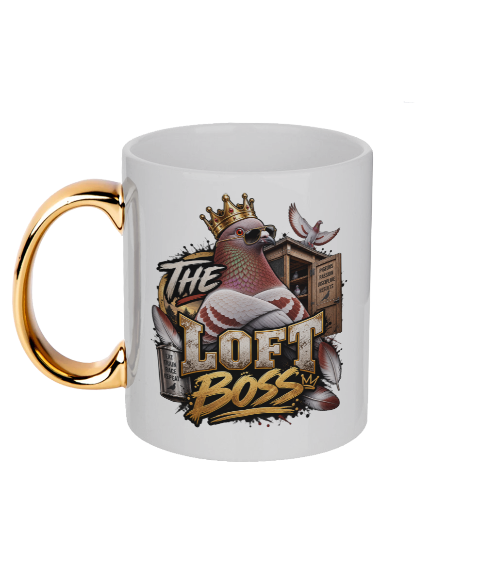 The Loft Boss – Red Bar 11oz gold handle mug by Bird Folk