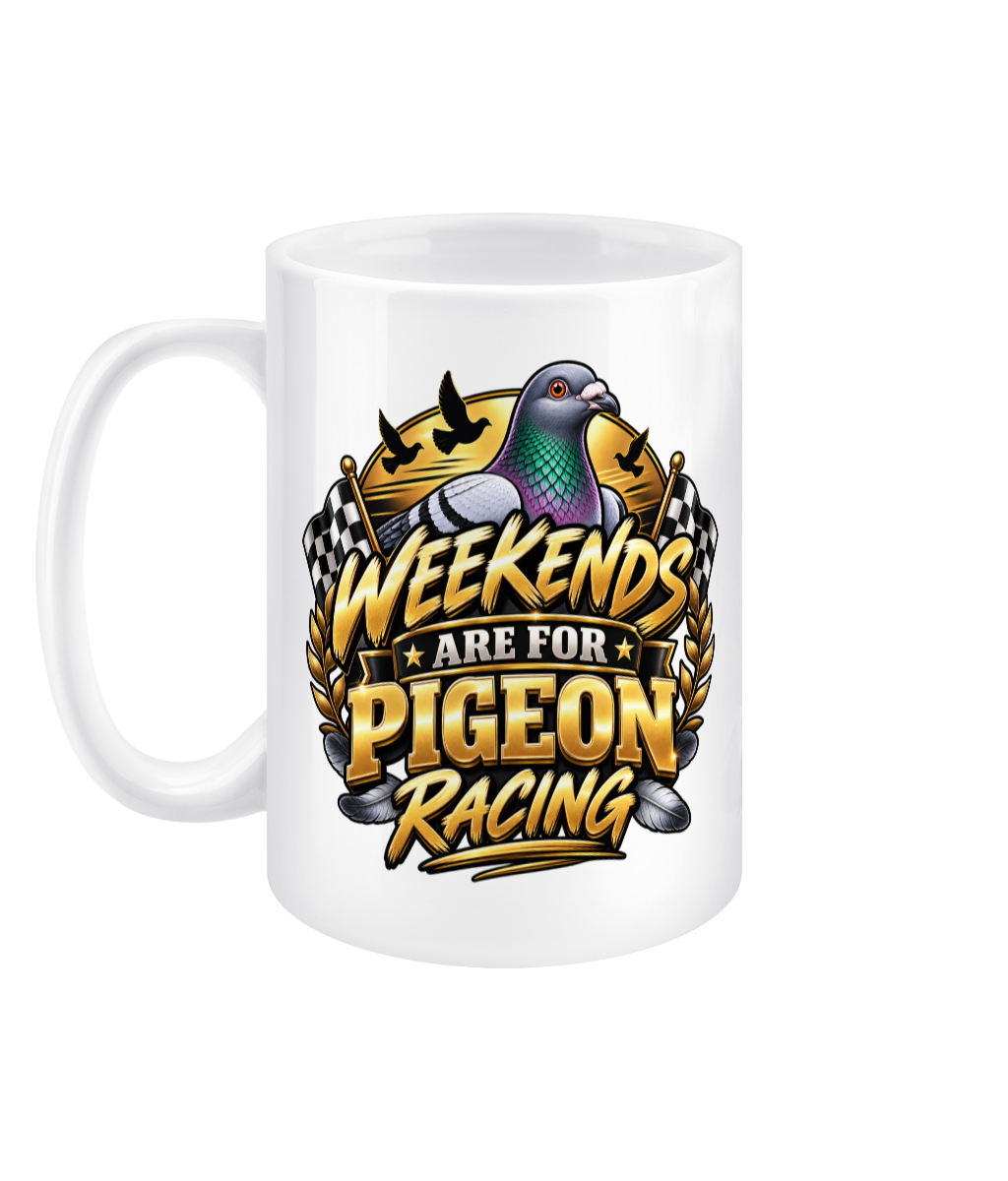 Weekends Are for Pigeon Racing 15oz ceramic mug by Bird Folk