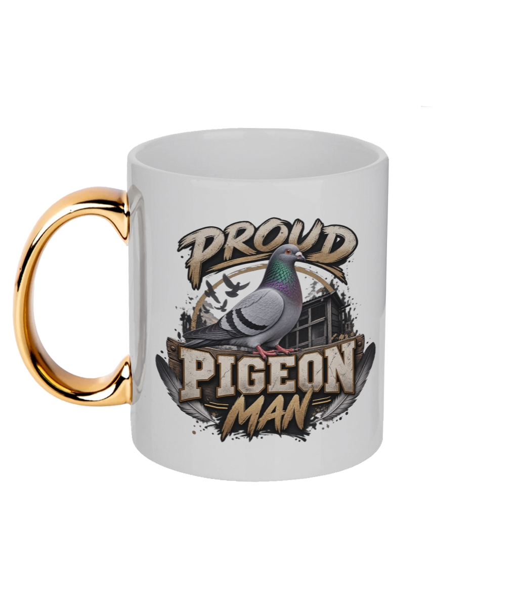 Proud Pigeon Man 11oz gold handle mug by Bird Folk