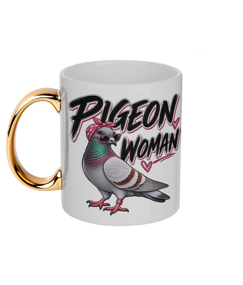 Pigeon Woman 11oz gold handle mug by Bird Folk
