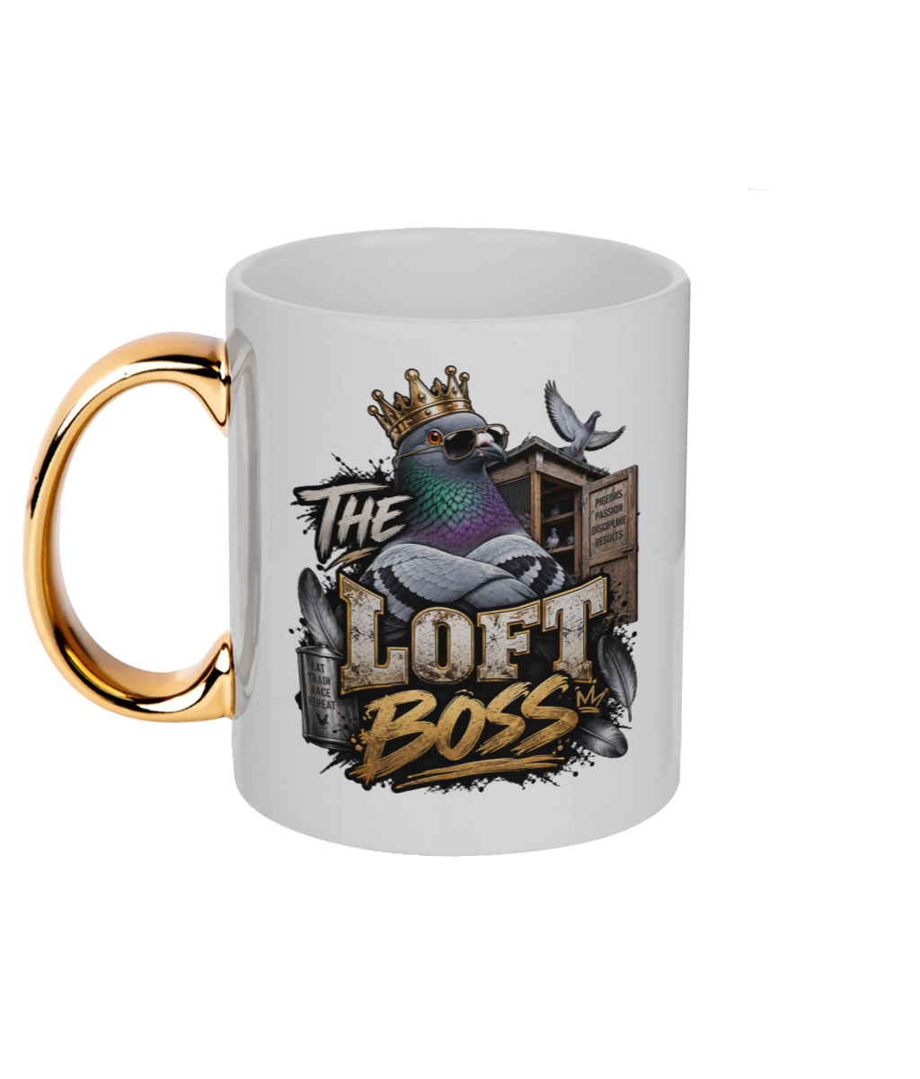 The Loft Boss – Blue Bar 11oz gold handle mug by Bird Folk