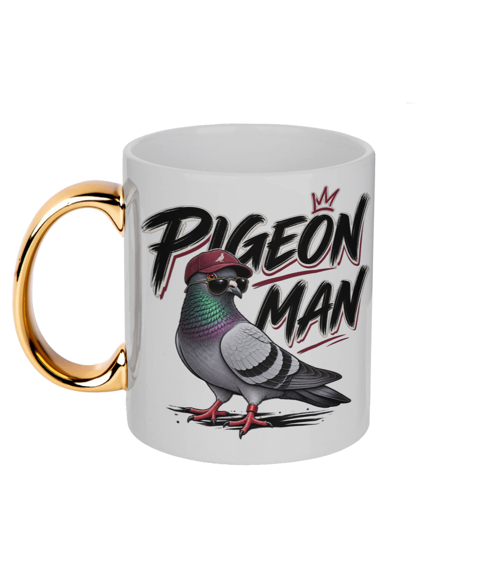 Pigeon Man 11oz gold handle mug by Bird Folk