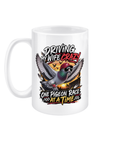 Driving My Wife Crazy – One Pigeon Race at a Time 15oz ceramic mug by Bird Folk