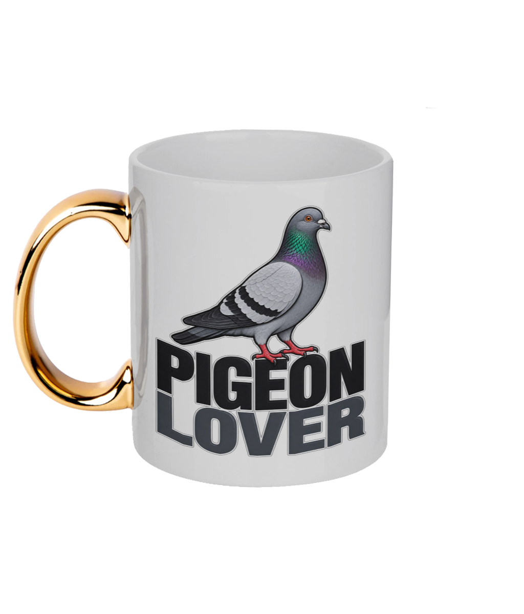 Pigeon Lover 11oz gold handle mug by Bird Folk