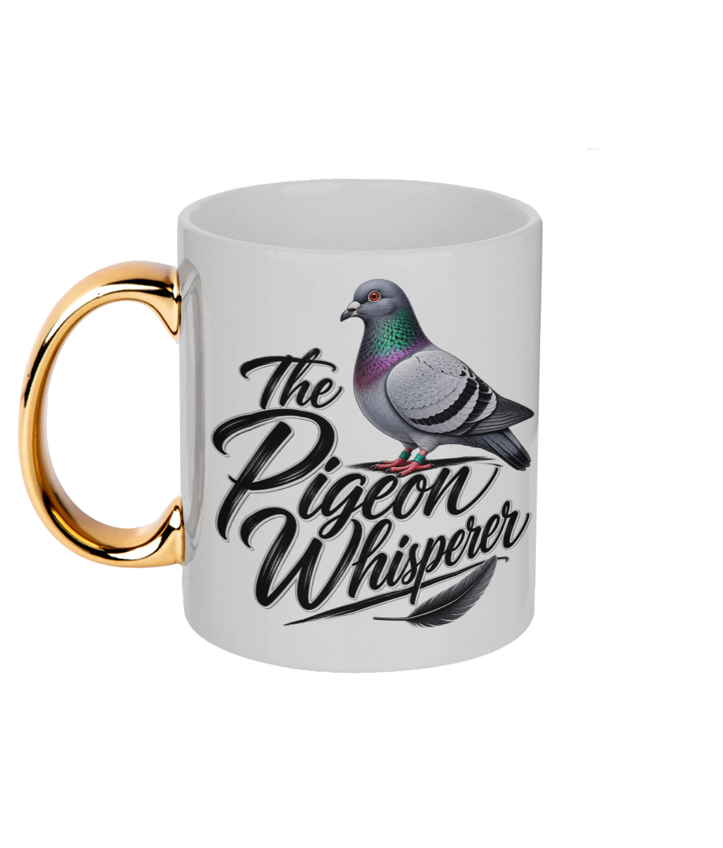 The Pigeon Whisperer 11oz gold handle mug by Bird Folk