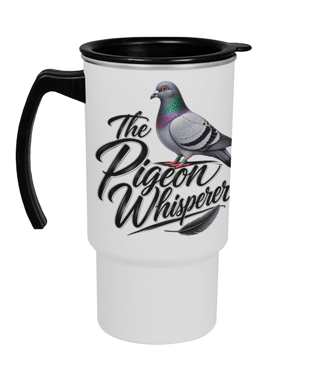 The Pigeon Whisperer 18oz travel mug by Bird Folk