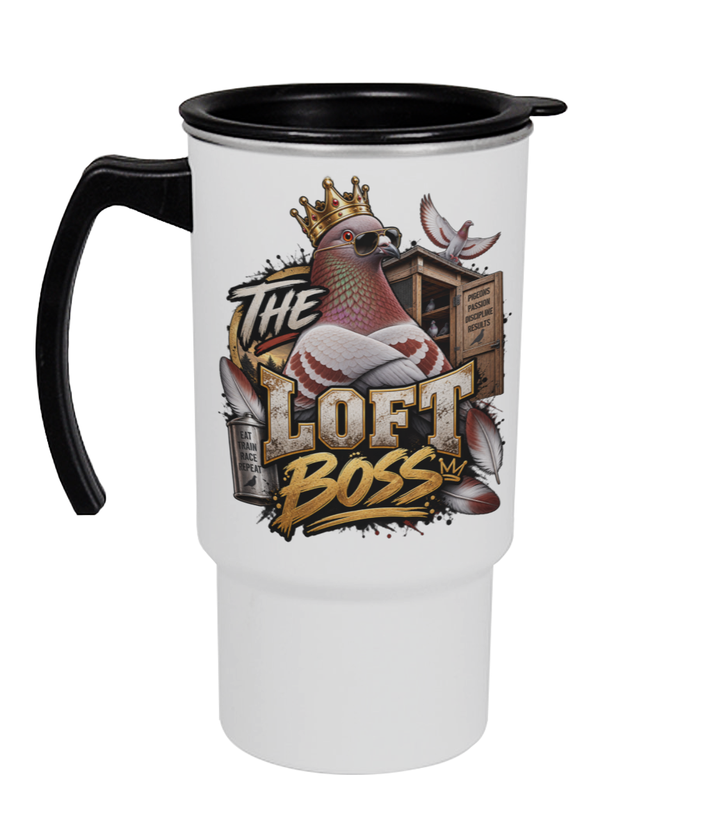 The Loft Boss – Red Bar 18oz travel mug by Bird Folk