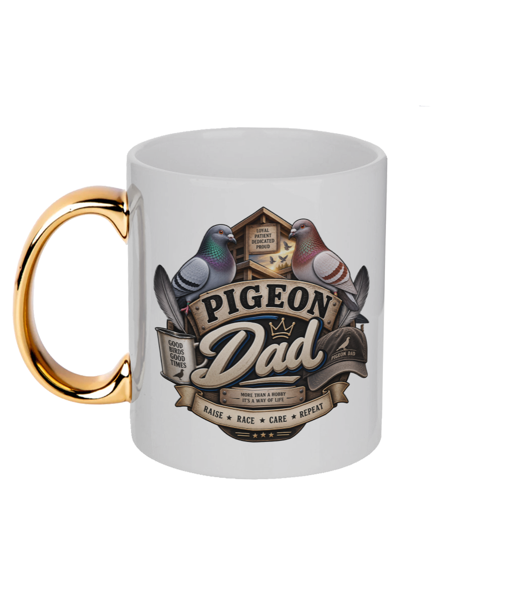 Pigeon Dad 11oz gold handle mug by Bird Folk