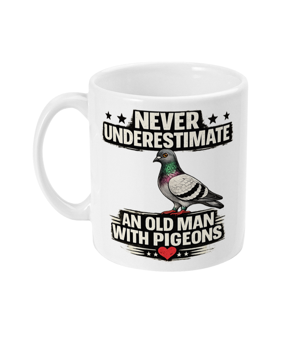 Never Underestimate an Old Man with Pigeons 11oz ceramic mug by Bird Folk