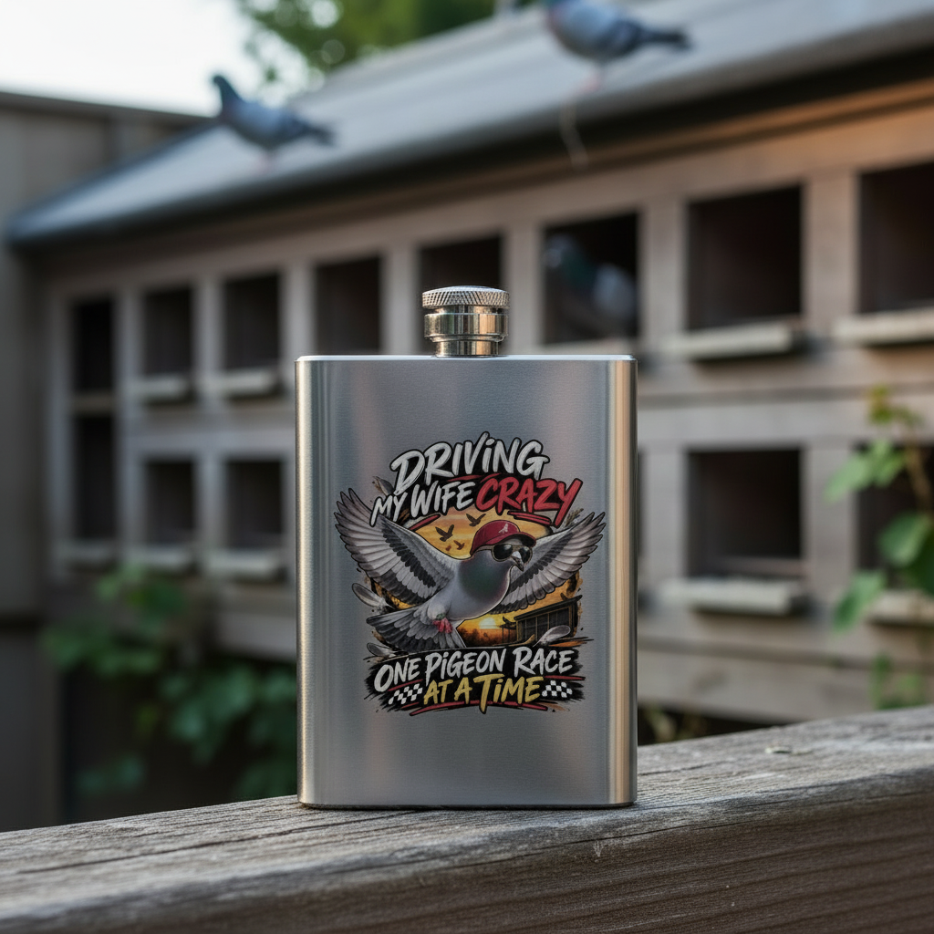 Driving My Wife Crazy – One Pigeon Race at a Time – 8oz Racing Pigeon Hip Flask